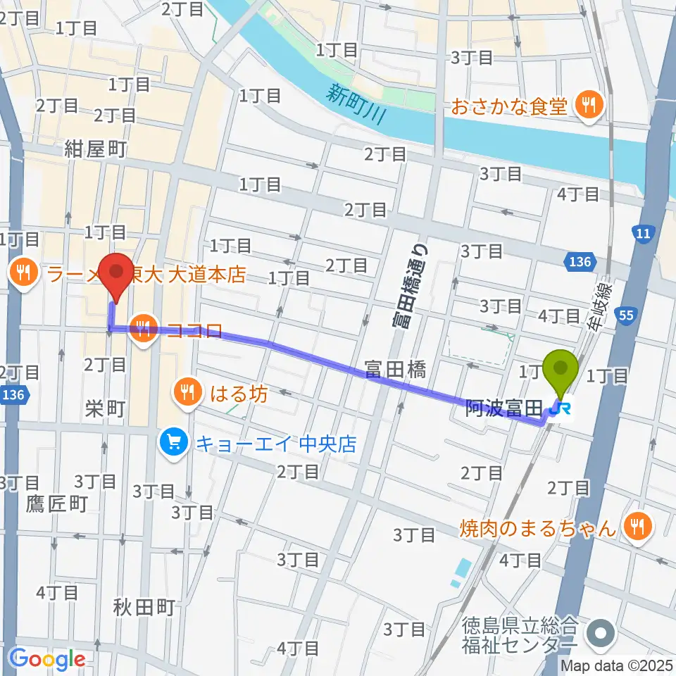 徳島HOT RODの最寄駅阿波富田駅からの徒歩ルート（約11分）地図