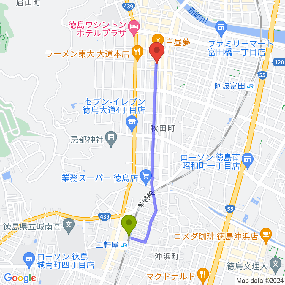二軒屋駅から徳島HOT RODへのルートマップ地図