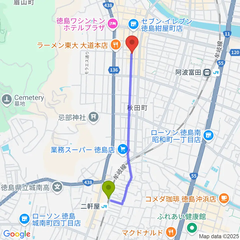 二軒屋駅から徳島HOT RODへのルートマップ地図