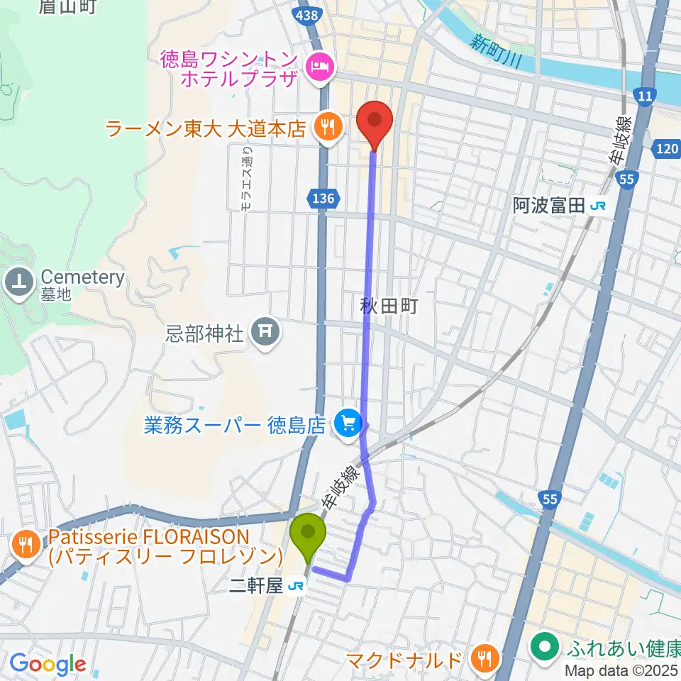 二軒屋駅から徳島HOT RODへのルートマップ地図