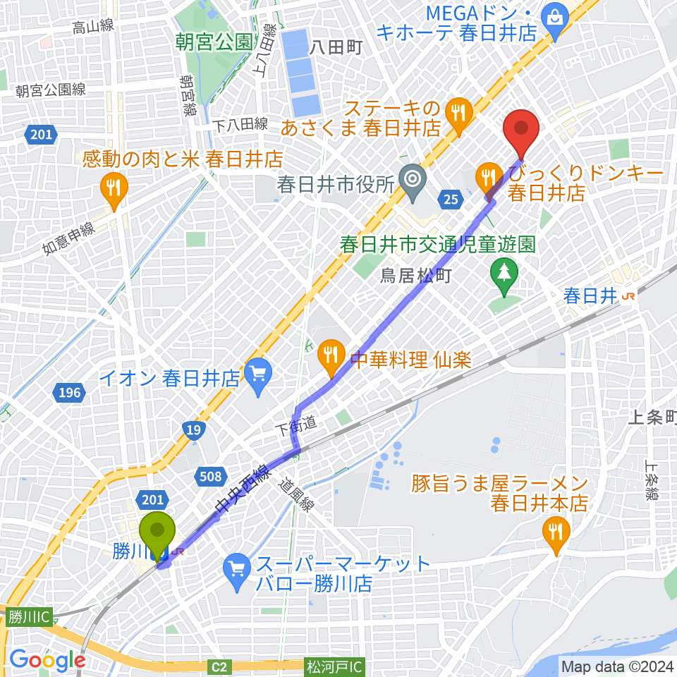 勝川駅からいわま楽器へのルートマップ地図