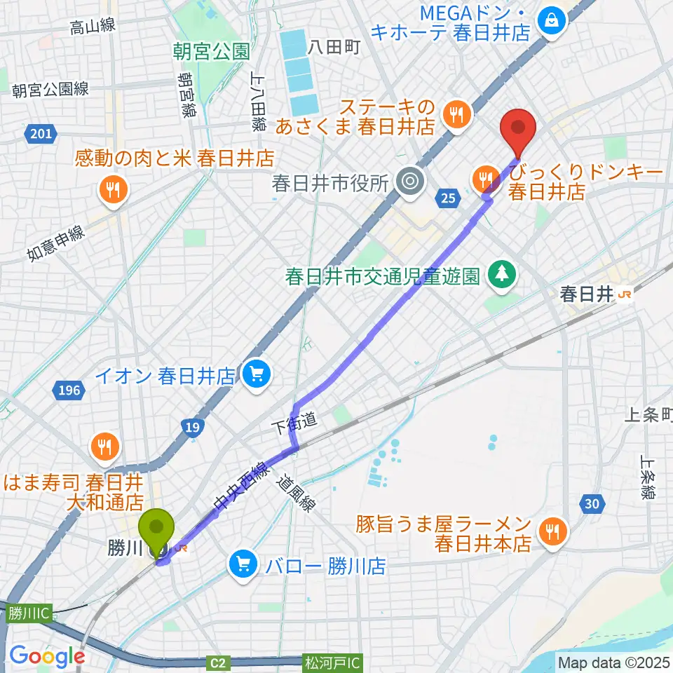 勝川駅からいわま楽器へのルートマップ地図