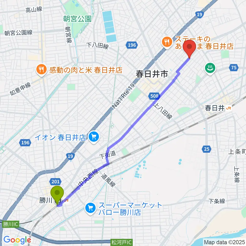 勝川駅からいわま楽器へのルートマップ地図