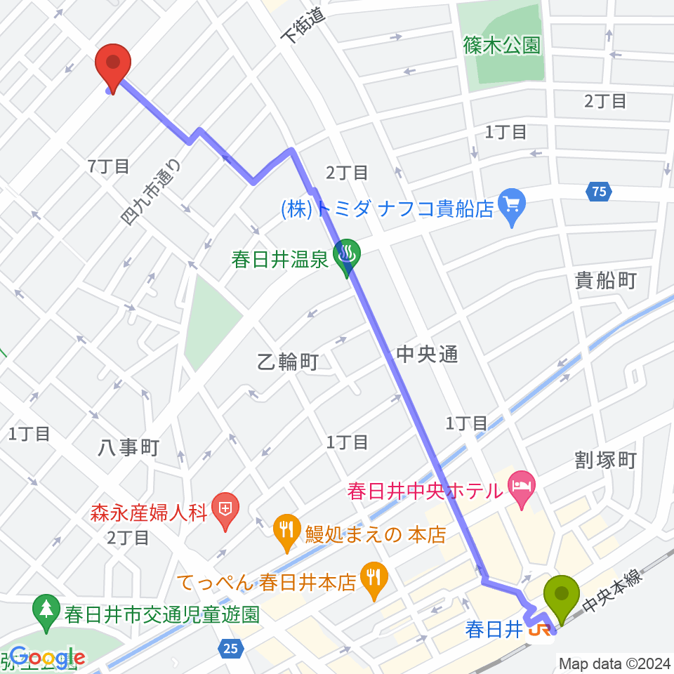 いわま楽器の最寄駅春日井駅からの徒歩ルート（約16分）地図