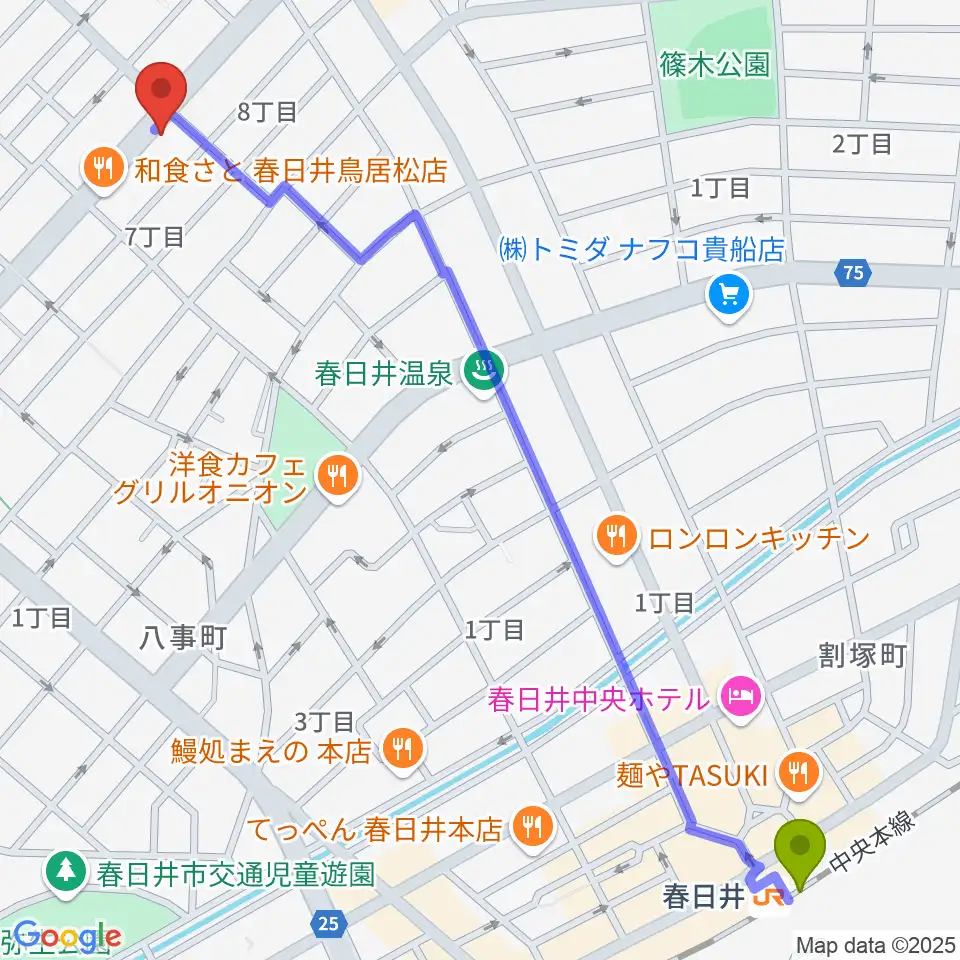 いわま楽器の最寄駅春日井駅からの徒歩ルート（約16分）地図