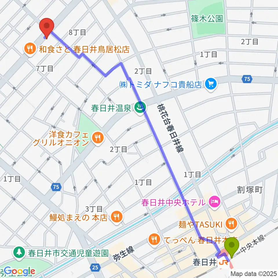 いわま楽器の最寄駅春日井駅からの徒歩ルート（約16分）地図