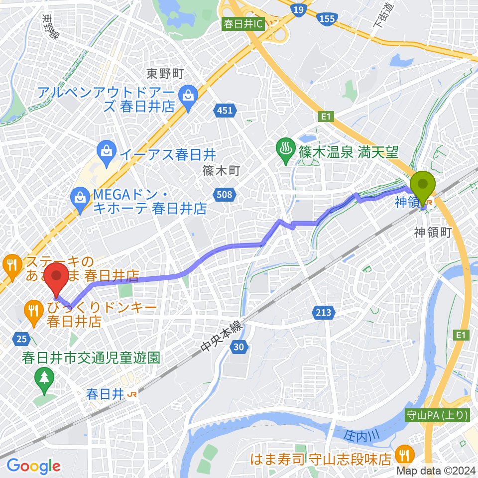 神領駅からいわま楽器へのルートマップ地図