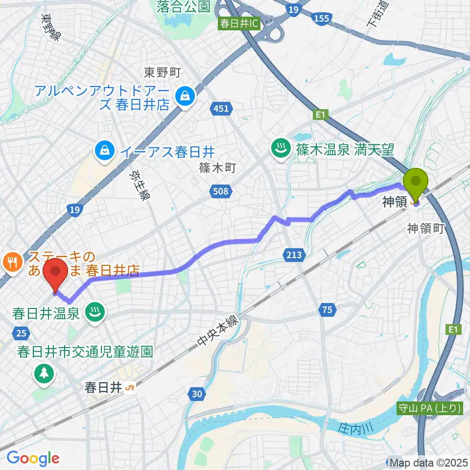 神領駅からいわま楽器へのルートマップ地図