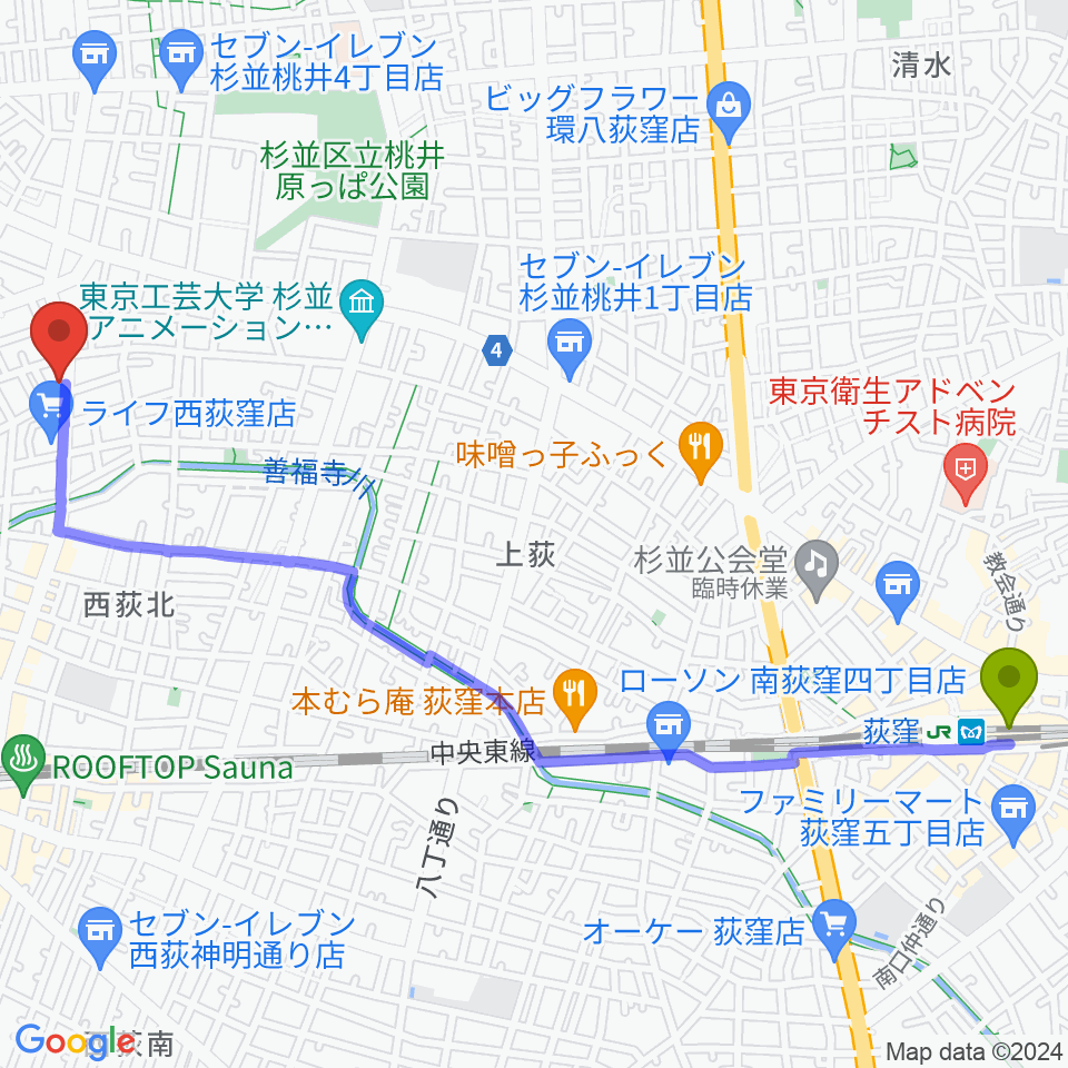 荻窪駅から遊空間がざびぃへのルートマップ地図