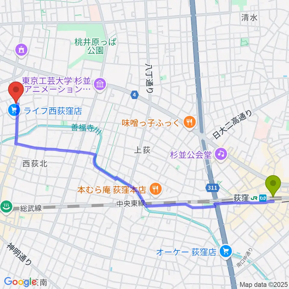 荻窪駅から遊空間がざびぃへのルートマップ地図