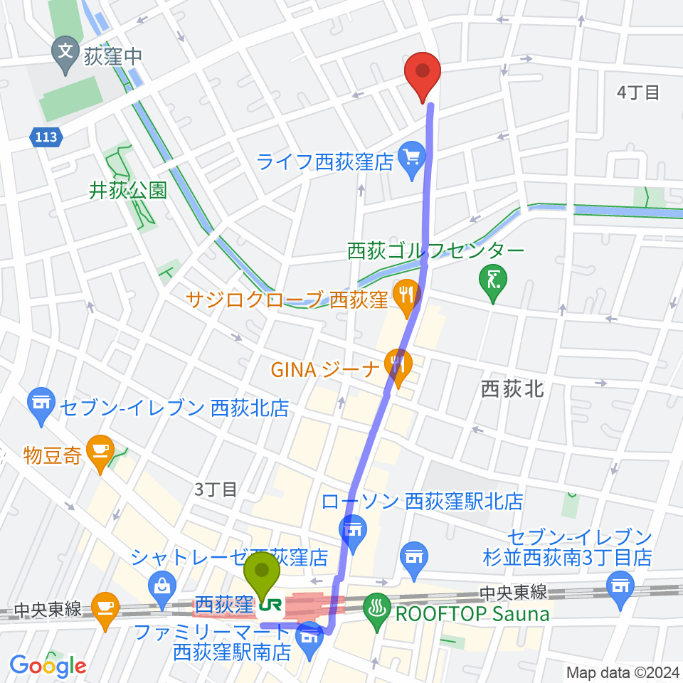 遊空間がざびぃの最寄駅西荻窪駅からの徒歩ルート（約12分）地図