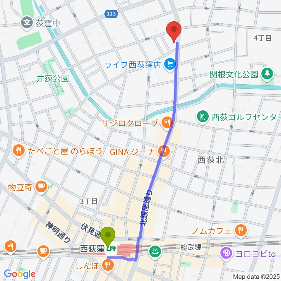 遊空間がざびぃの最寄駅西荻窪駅からの徒歩ルート（約12分）地図