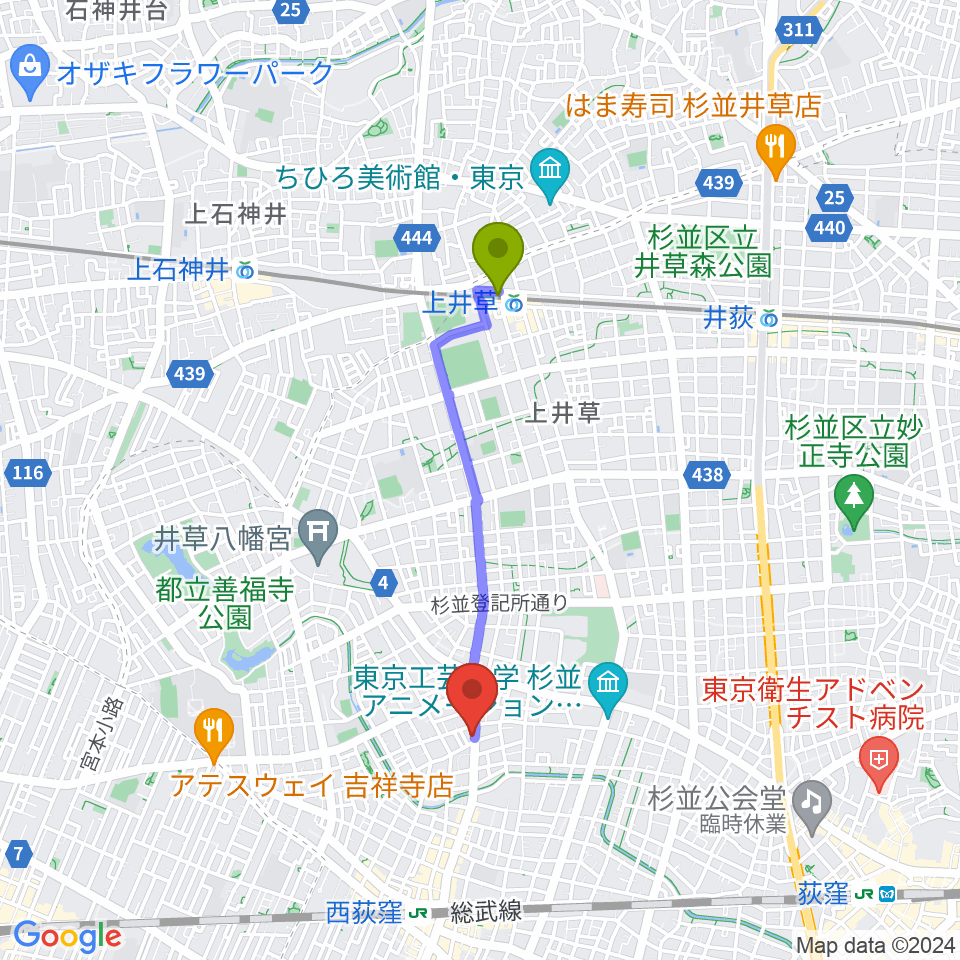 上井草駅から遊空間がざびぃへのルートマップ地図