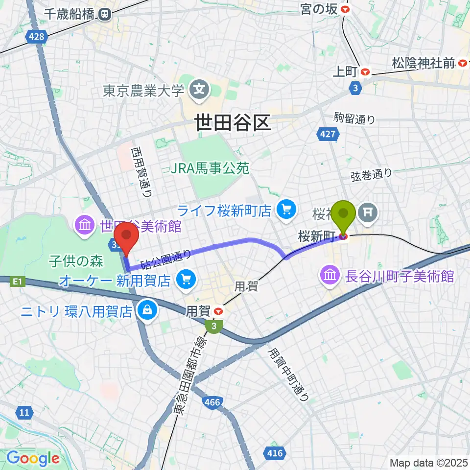 桜新町駅から上用賀アートホールへのルートマップ地図