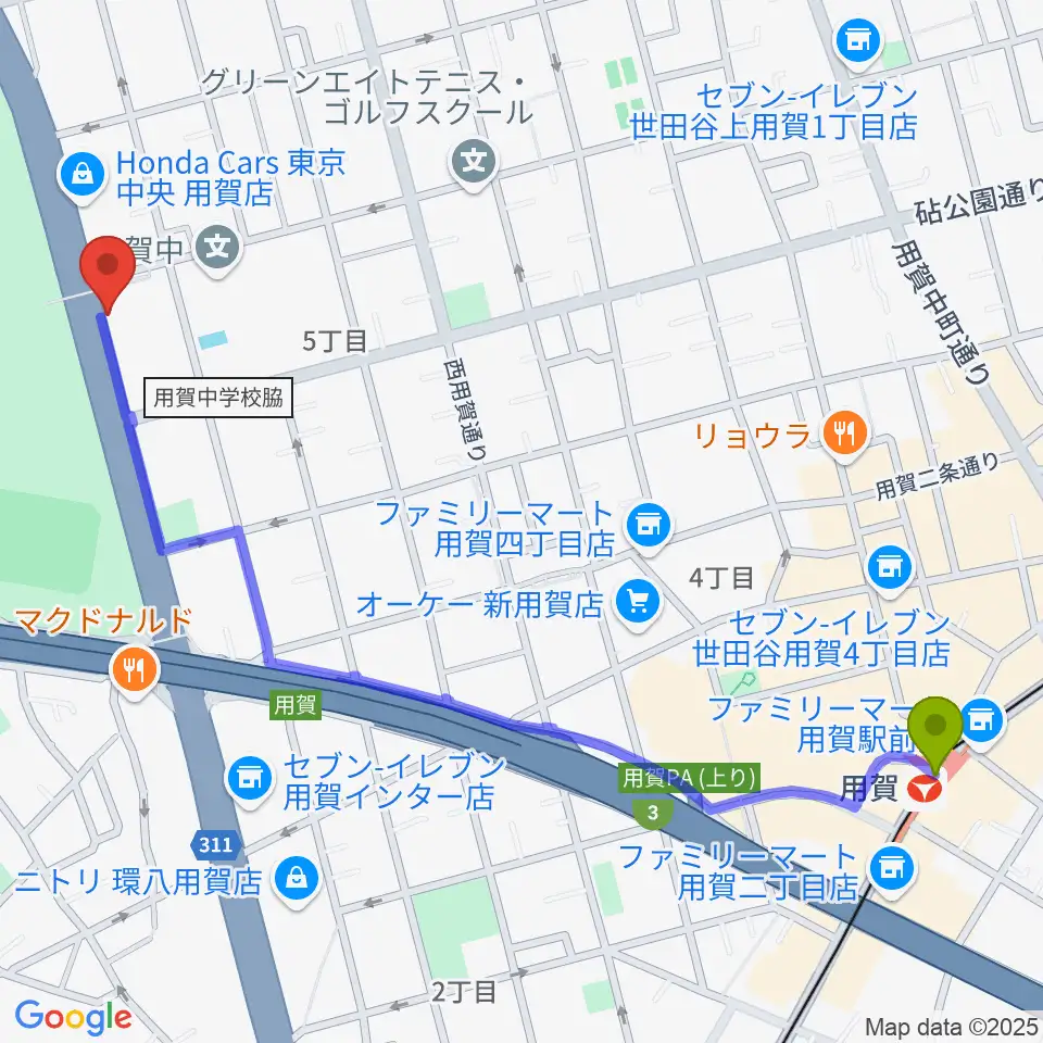 上用賀アートホールの最寄駅用賀駅からの徒歩ルート（約14分）地図