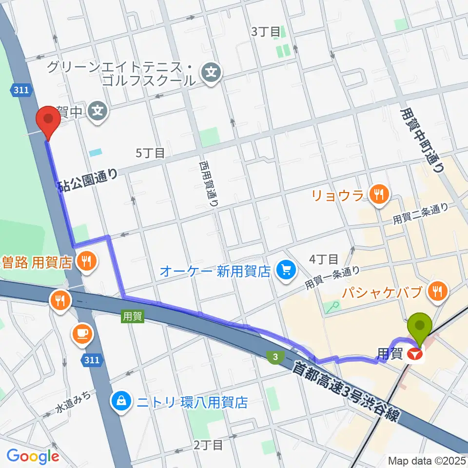 上用賀アートホールの最寄駅用賀駅からの徒歩ルート（約14分）地図