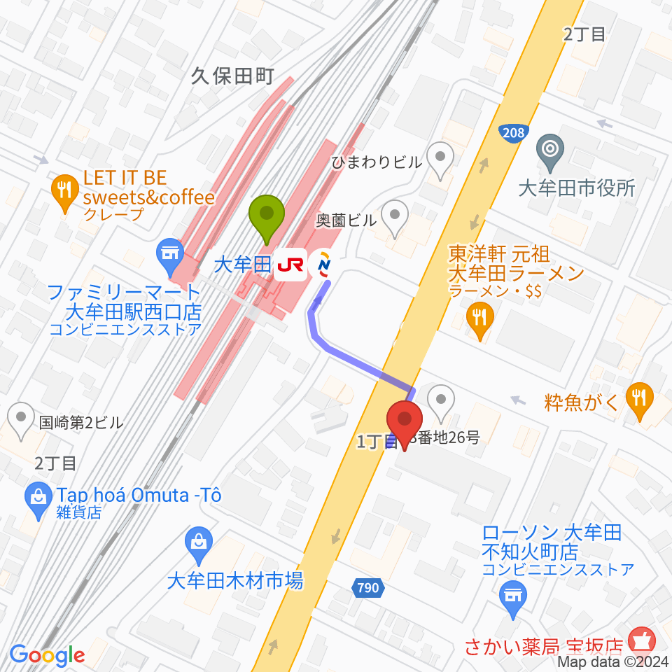 FMたんとの最寄駅大牟田駅からの徒歩ルート（約3分）地図