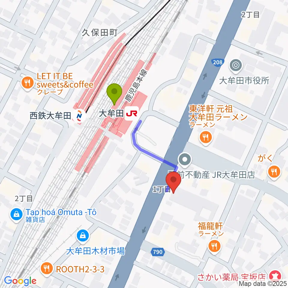 FMたんとの最寄駅大牟田駅からの徒歩ルート（約3分）地図