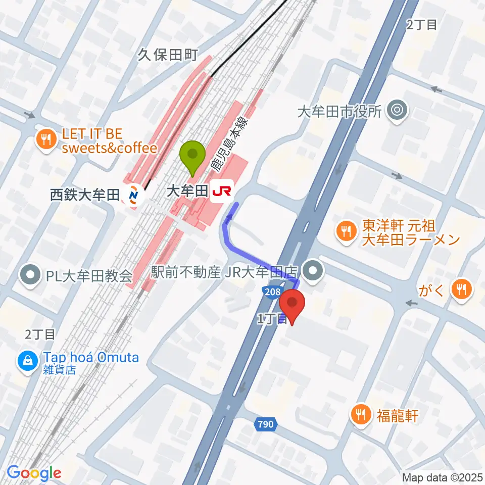 FMたんとの最寄駅大牟田駅からの徒歩ルート（約3分）地図
