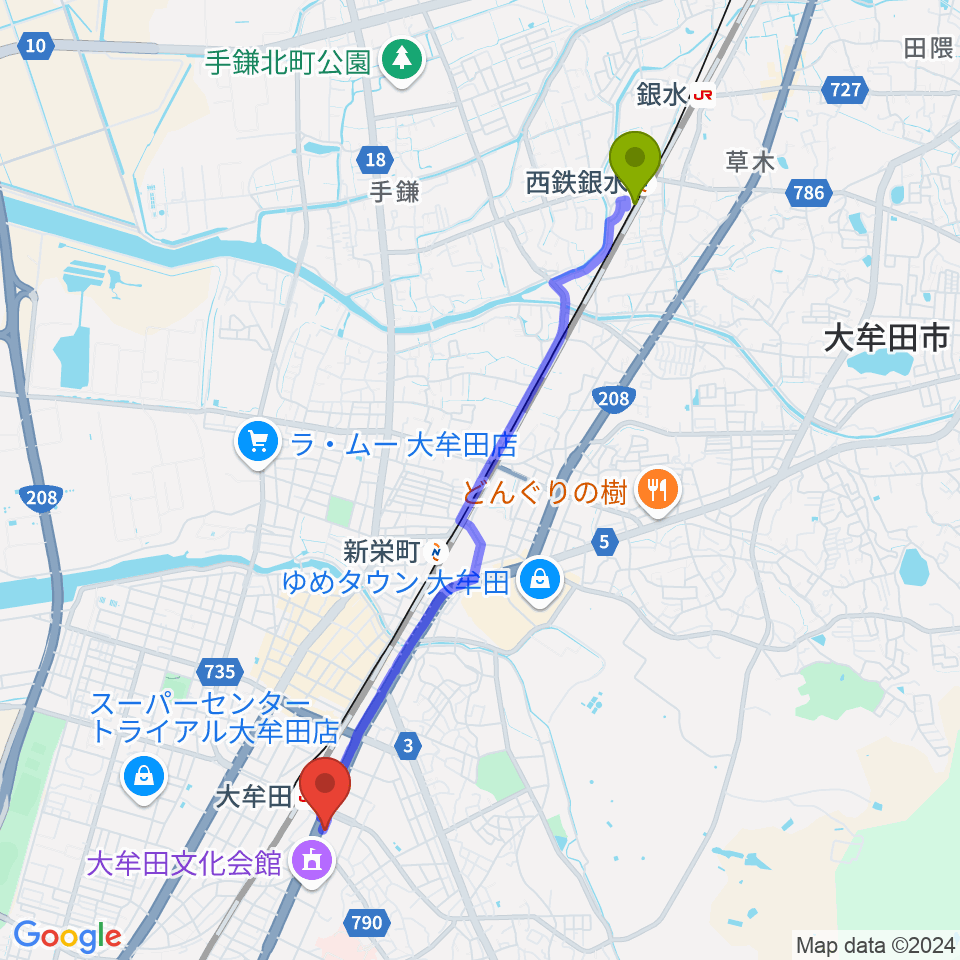 西鉄銀水駅からFMたんとへのルートマップ地図