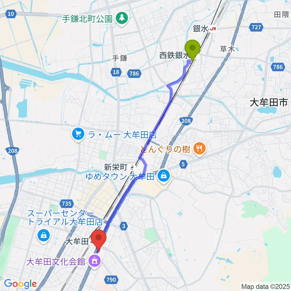 西鉄銀水駅からFMたんとへのルートマップ地図