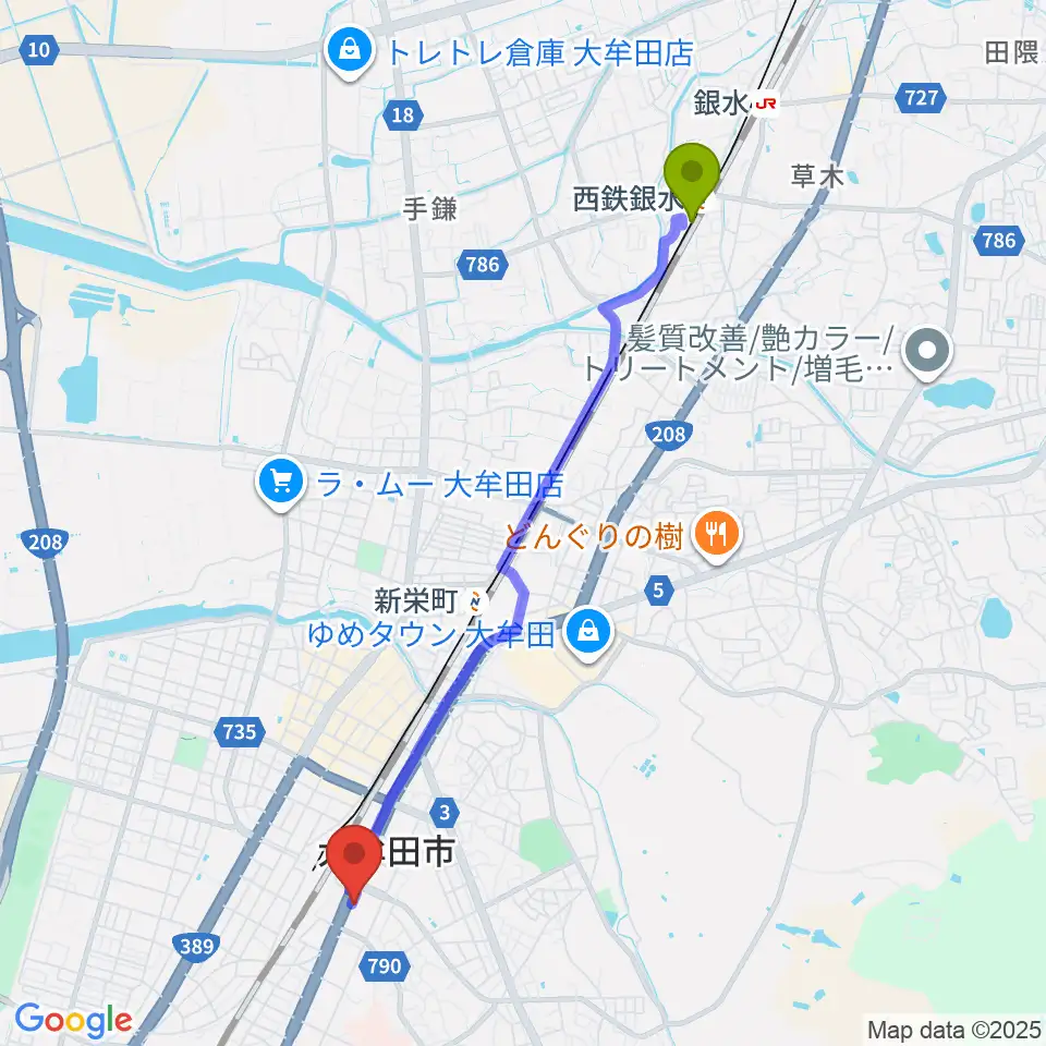 西鉄銀水駅からFMたんとへのルートマップ地図