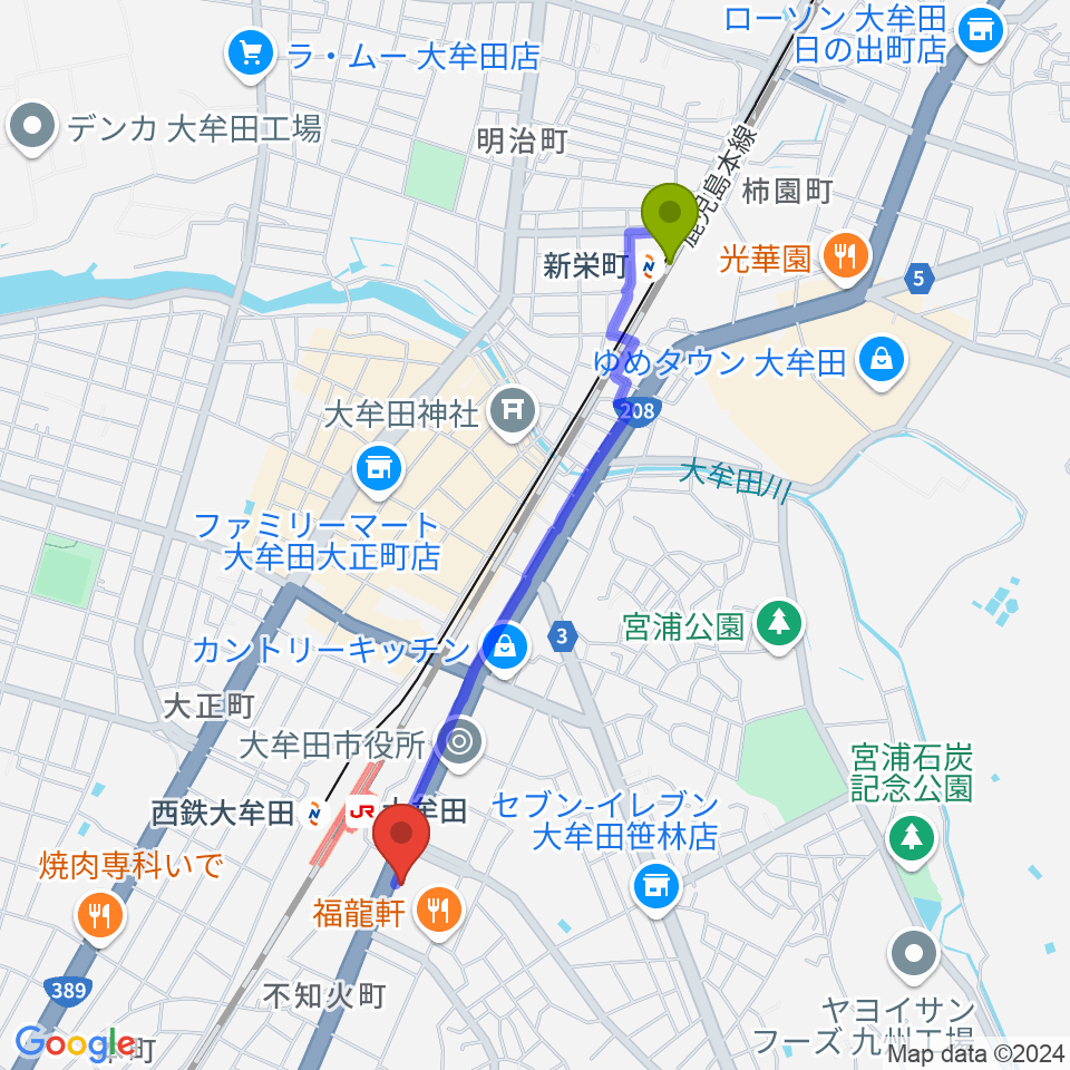 新栄町駅からFMたんとへのルートマップ地図