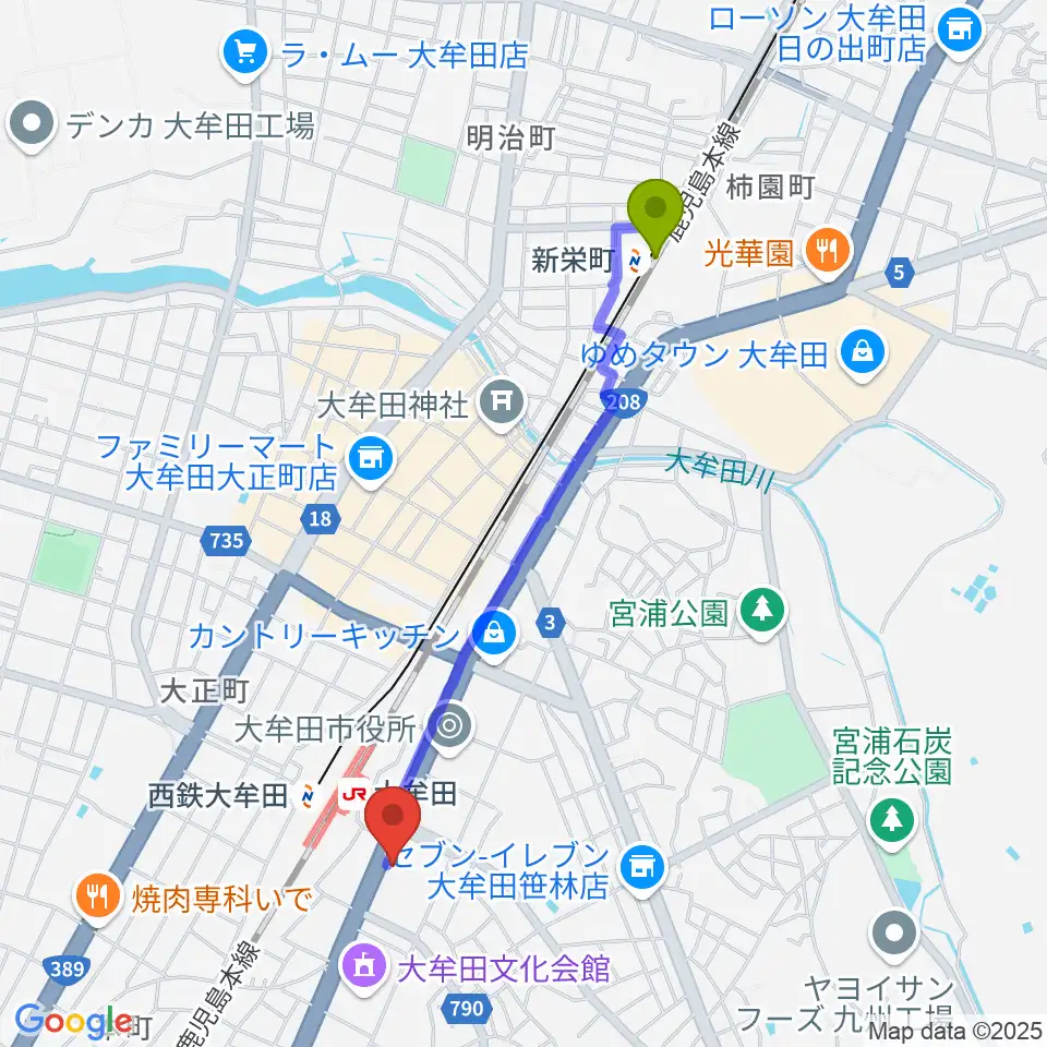 新栄町駅からFMたんとへのルートマップ地図