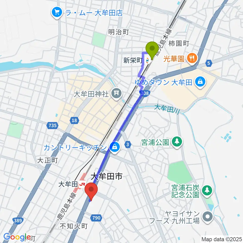 新栄町駅からFMたんとへのルートマップ地図