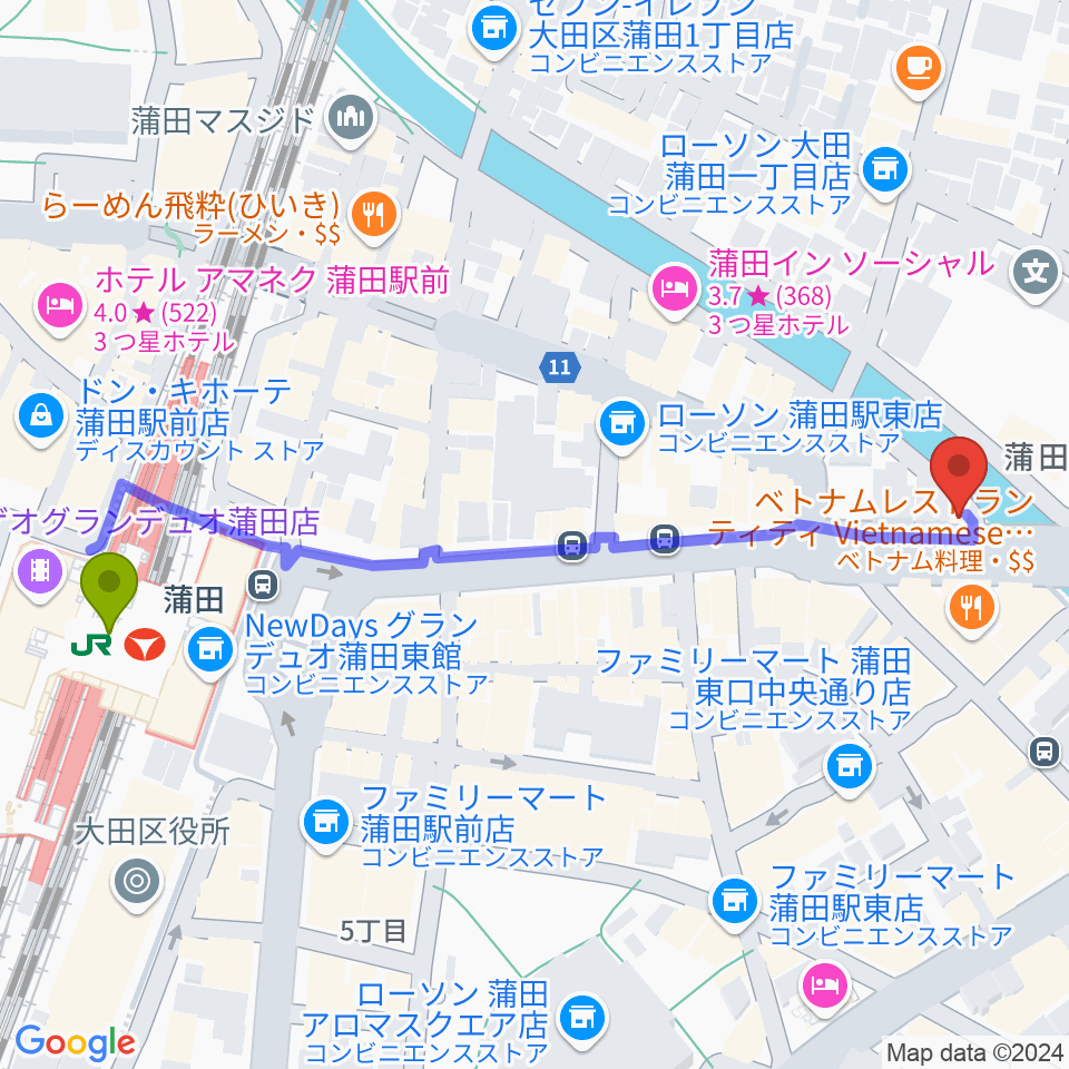 蒲田スタジオ・オッタンタの最寄駅蒲田駅からの徒歩ルート（約6分）地図