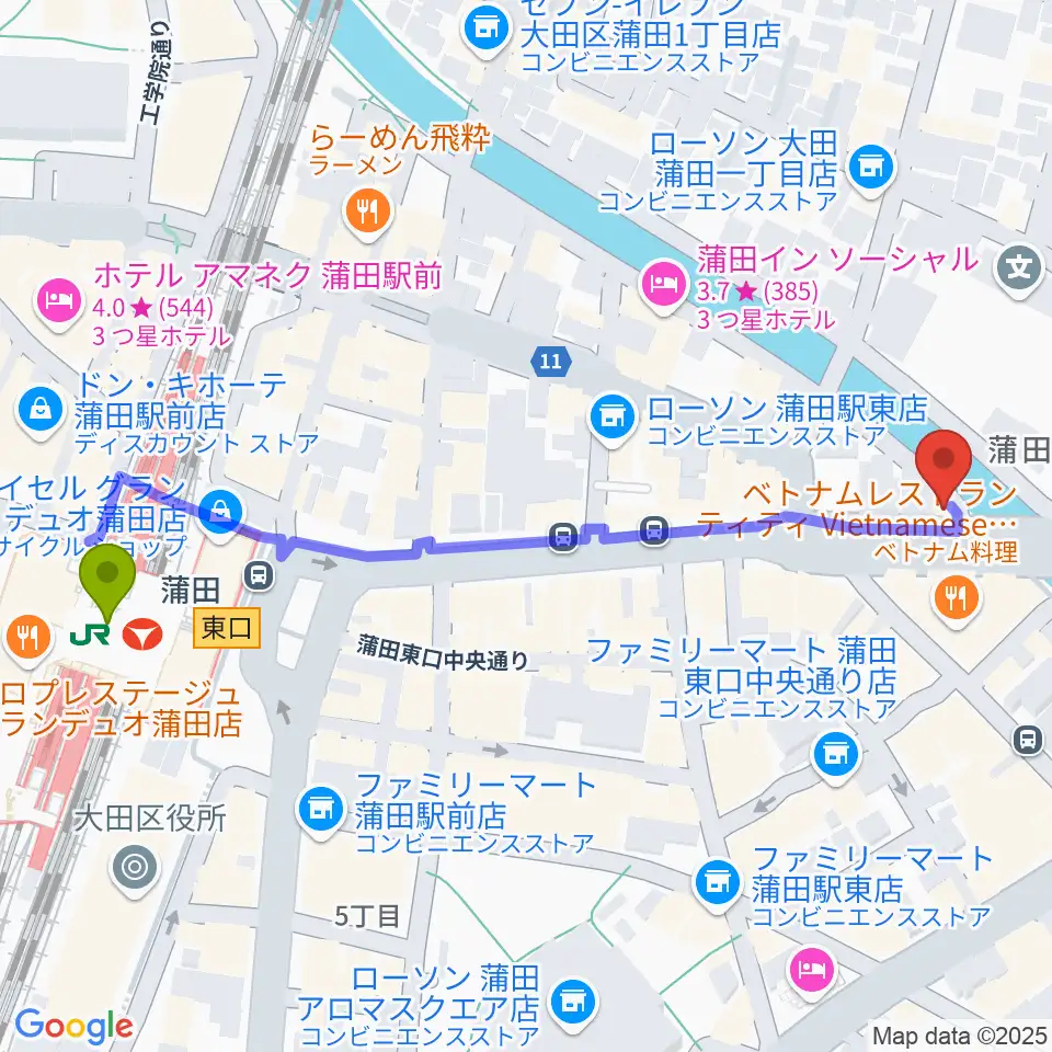 蒲田スタジオ・オッタンタの最寄駅蒲田駅からの徒歩ルート（約6分）地図