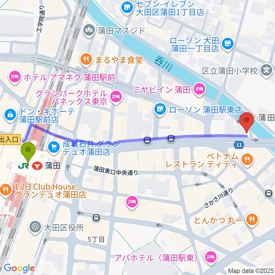 蒲田スタジオ・オッタンタの最寄駅蒲田駅からの徒歩ルート（約6分）地図