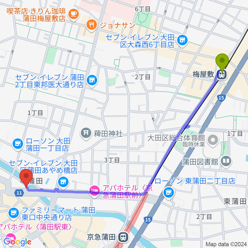 梅屋敷駅から蒲田スタジオ・オッタンタへのルートマップ地図