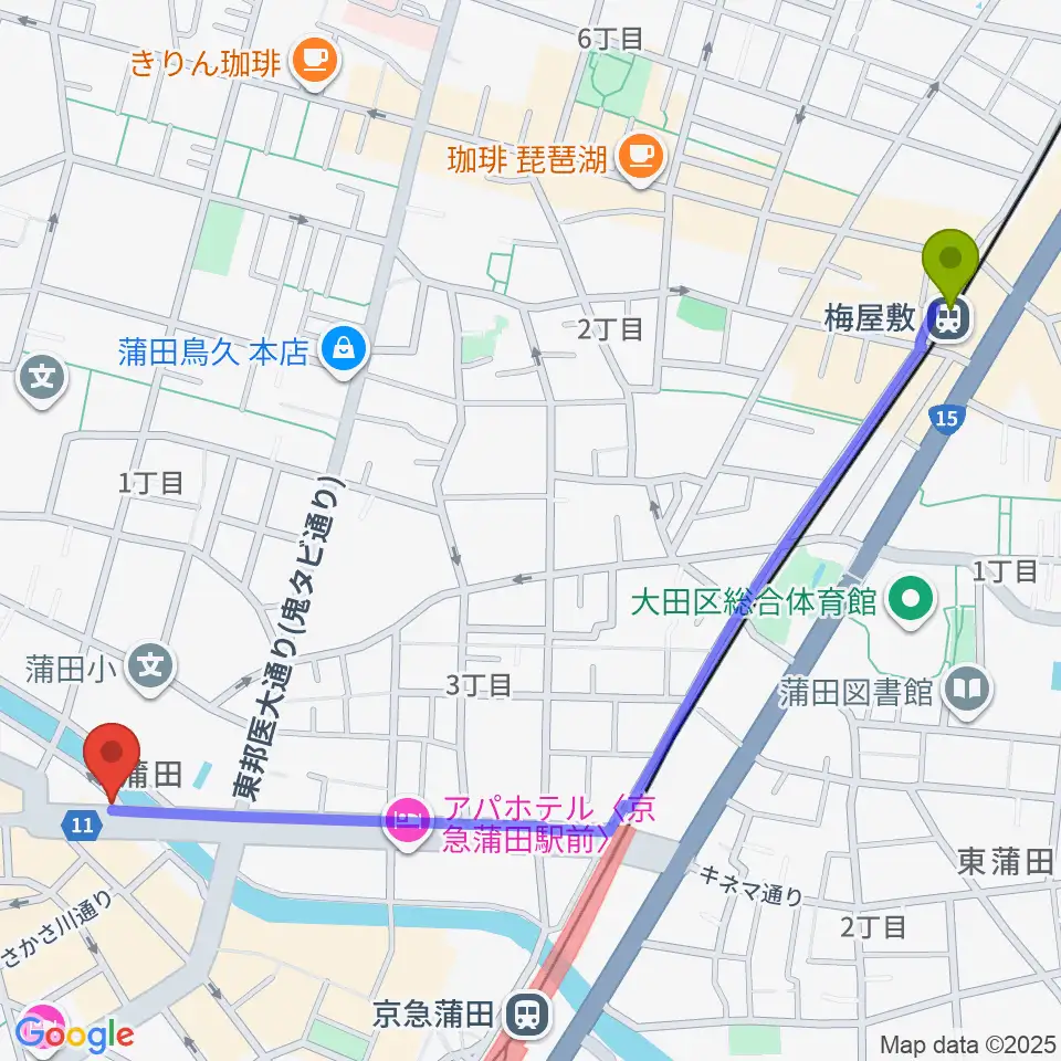 梅屋敷駅から蒲田スタジオ・オッタンタへのルートマップ地図