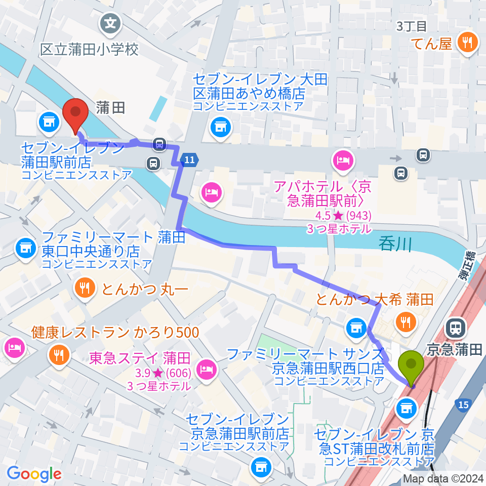 京急蒲田駅から蒲田スタジオ・オッタンタへのルートマップ地図