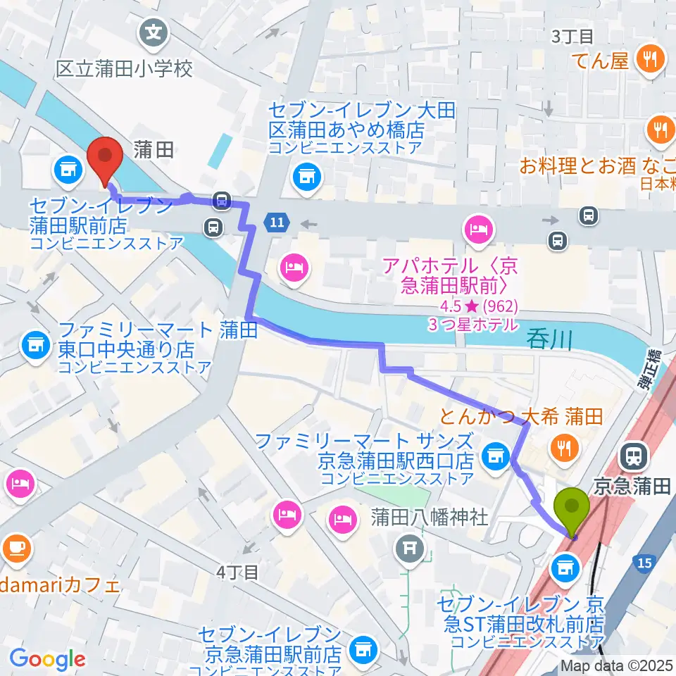 京急蒲田駅から蒲田スタジオ・オッタンタへのルートマップ地図