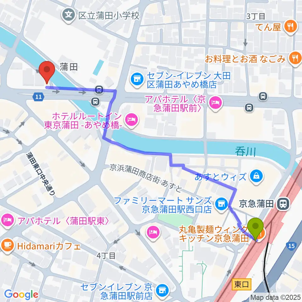 京急蒲田駅から蒲田スタジオ・オッタンタへのルートマップ地図