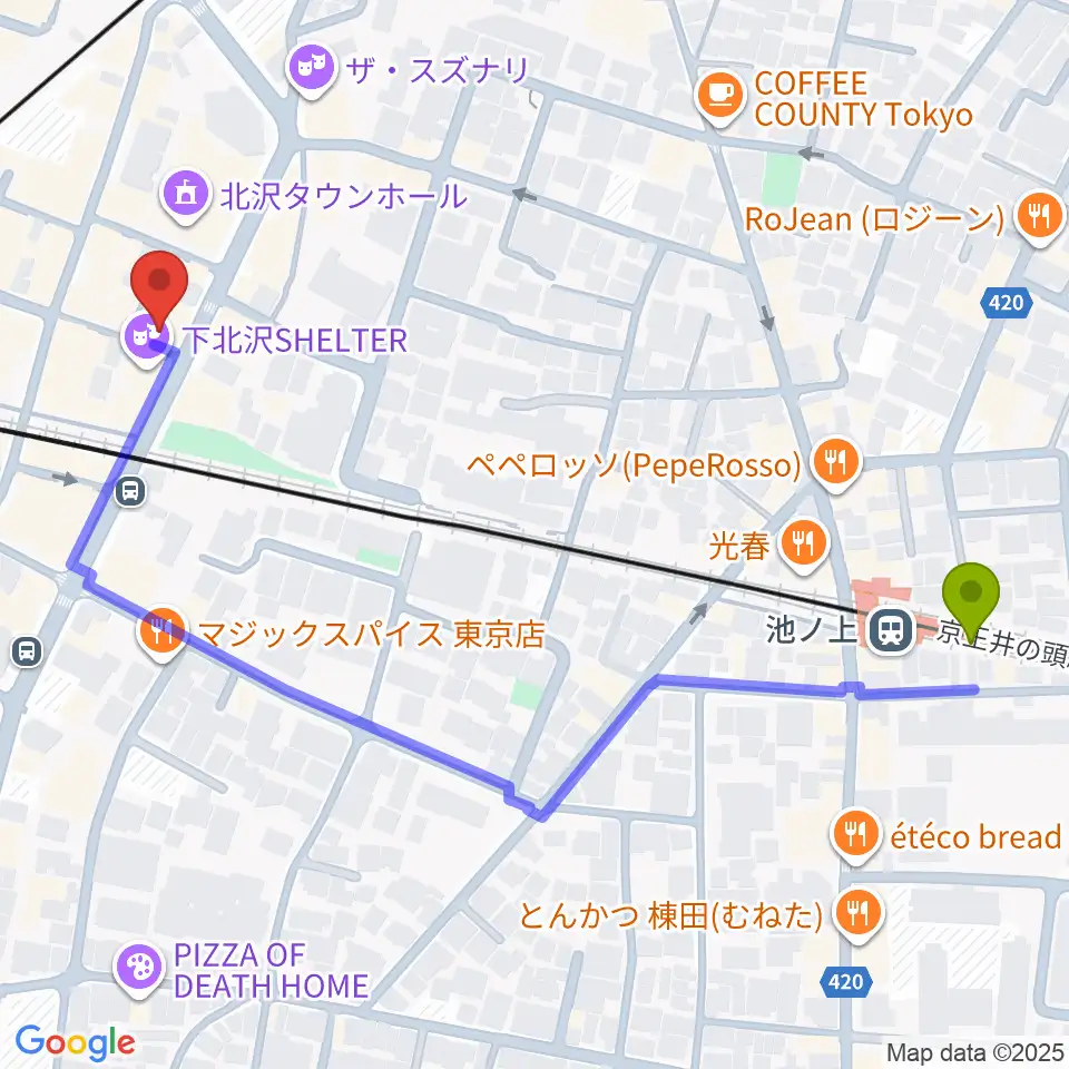 池ノ上駅から下北沢シアターミネルヴァへのルートマップ地図