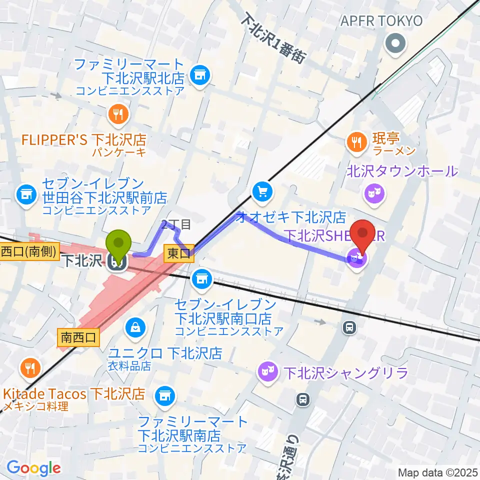 下北沢シアターミネルヴァの最寄駅下北沢駅からの徒歩ルート（約4分） MDATA
