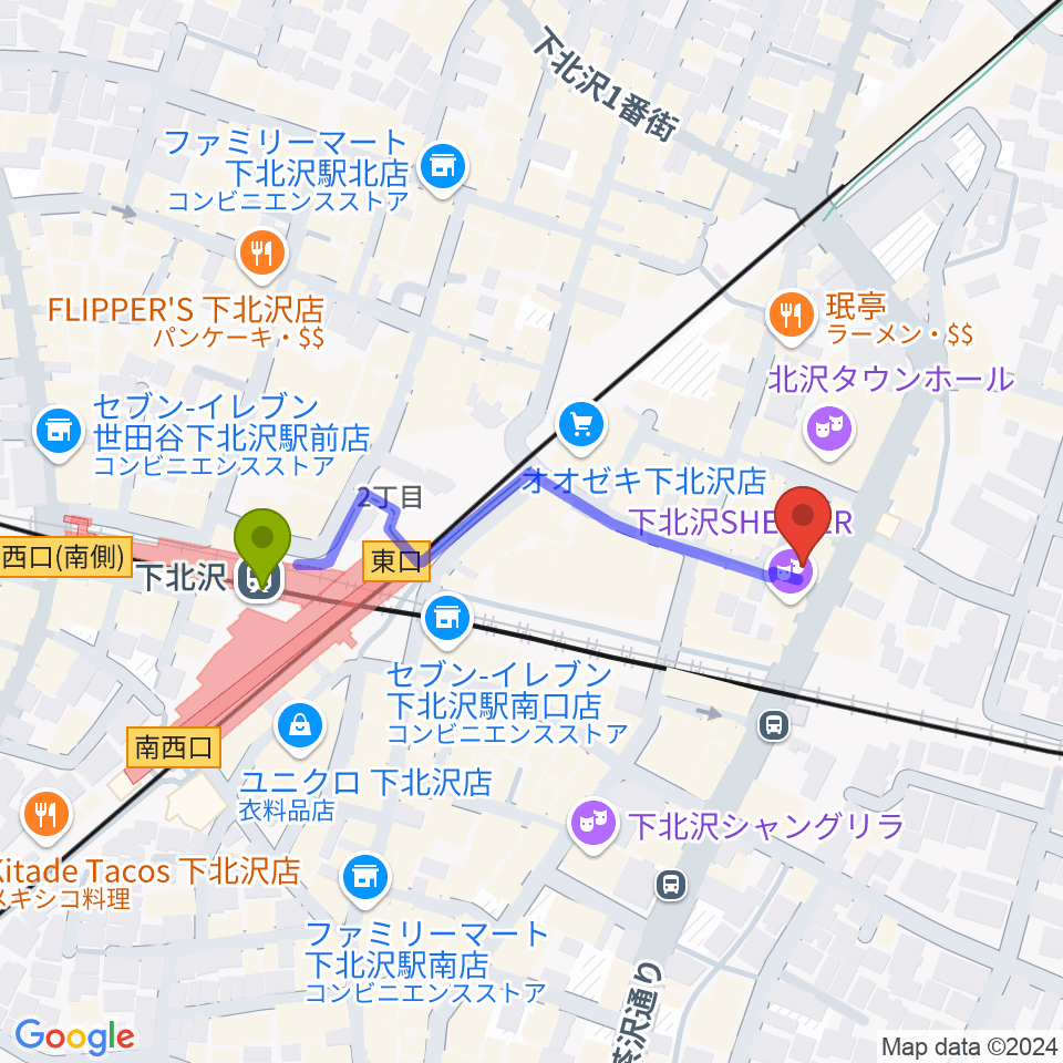 下北沢シアターミネルヴァの最寄駅下北沢駅からの徒歩ルート（約4分）地図