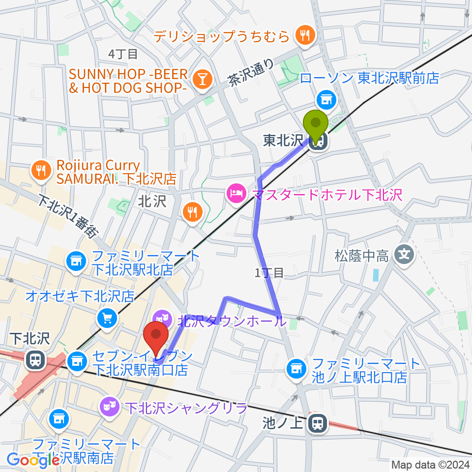 東北沢駅から下北沢シアターミネルヴァへのルートマップ地図