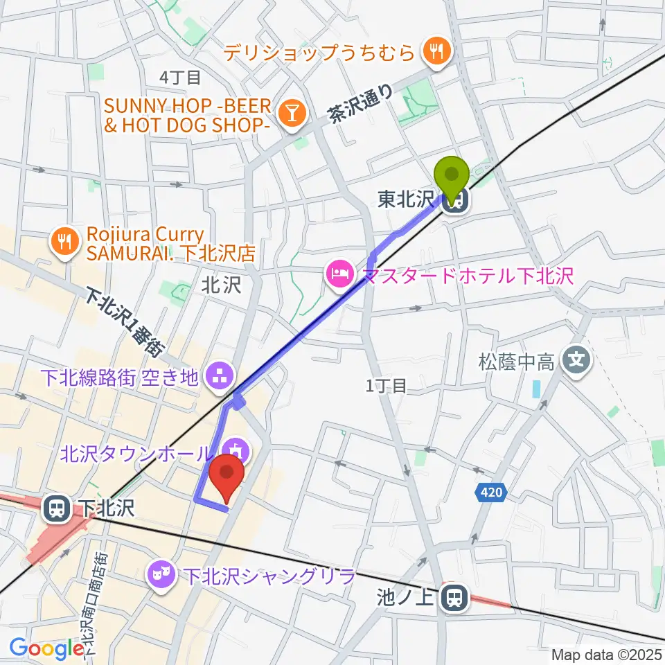 東北沢駅から下北沢シアターミネルヴァへのルートマップ地図