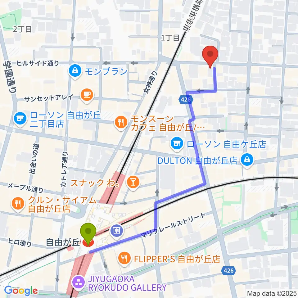 自由が丘オペラ座の最寄駅自由が丘駅からの徒歩ルート（約6分）地図