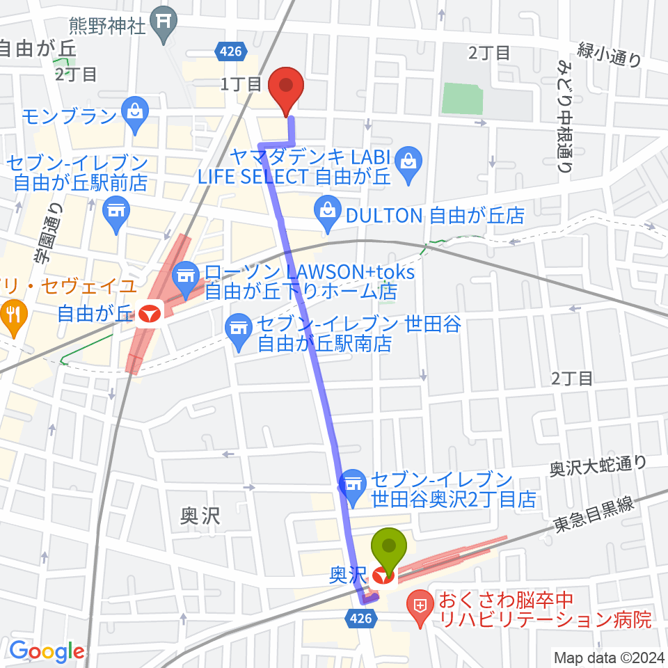奥沢駅から自由が丘オペラ座へのルートマップ地図