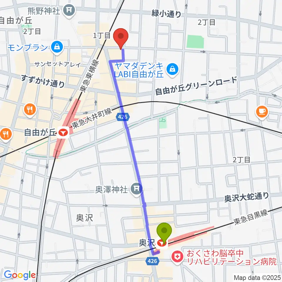 奥沢駅から自由が丘オペラ座へのルートマップ地図