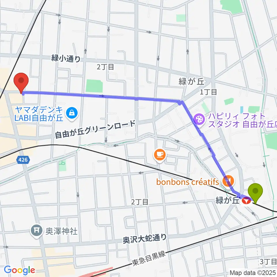 緑が丘駅から自由が丘オペラ座へのルートマップ地図
