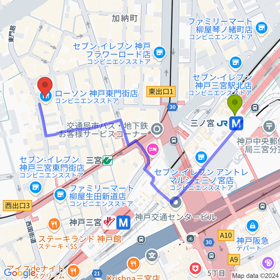 ケイヴ神戸の最寄駅三ノ宮駅からの徒歩ルート（約5分）地図