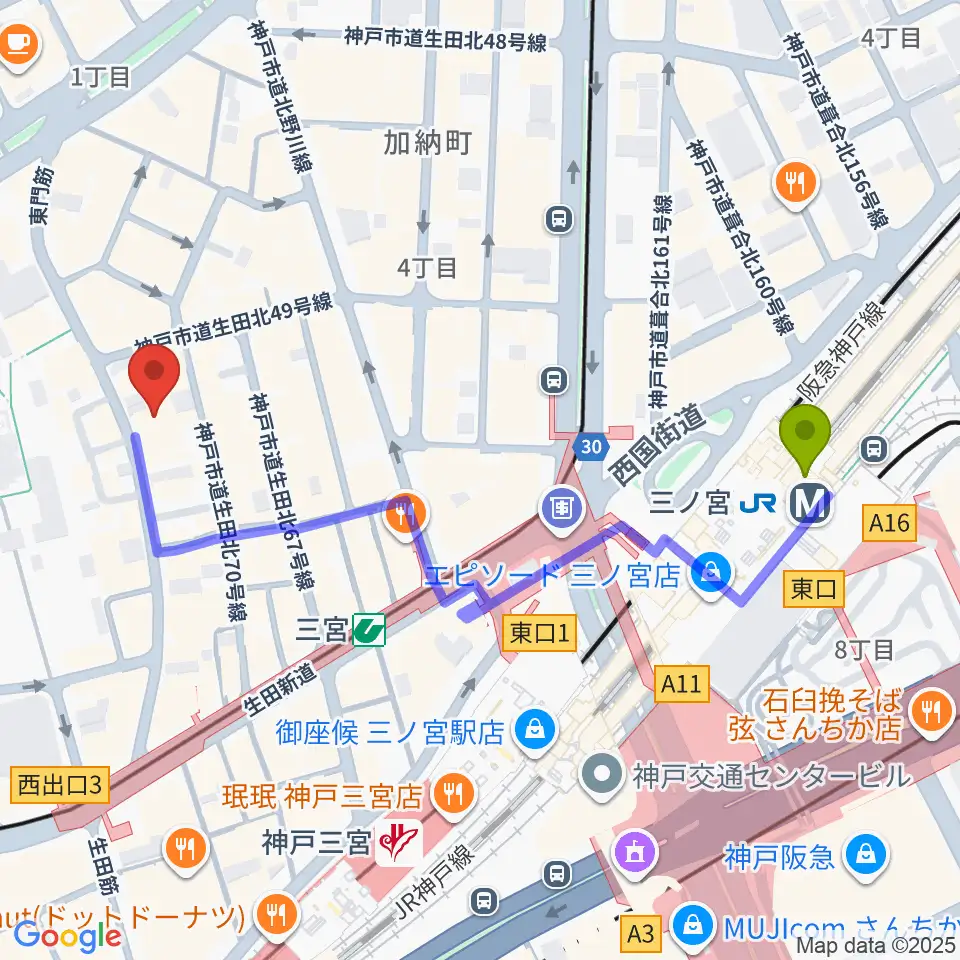 ケイヴ神戸の最寄駅三ノ宮駅からの徒歩ルート（約5分）地図