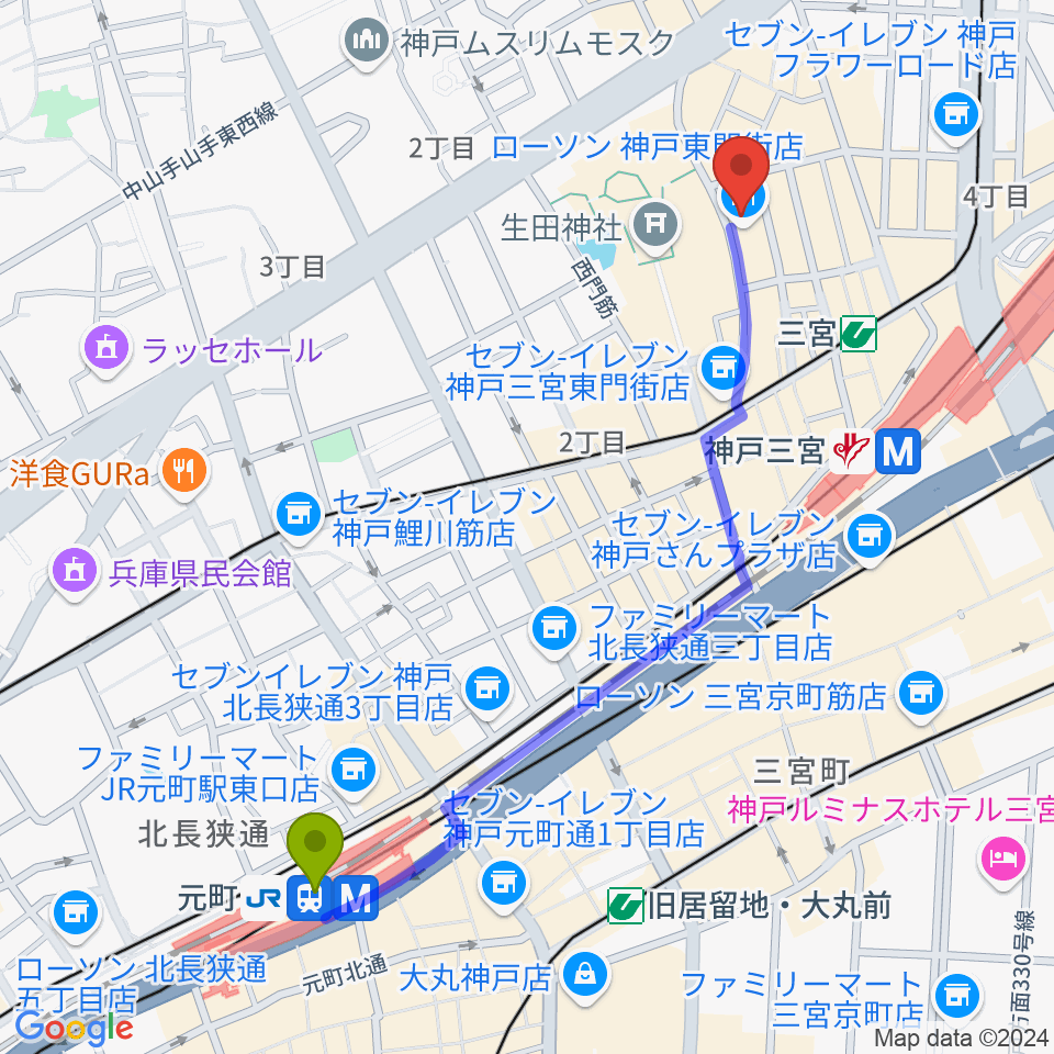 元町駅からケイヴ神戸へのルートマップ地図