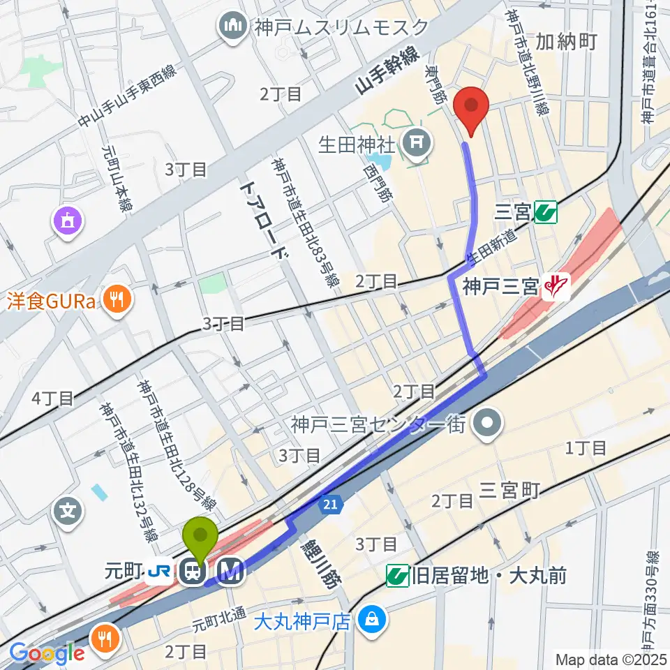 元町駅からケイヴ神戸へのルートマップ地図